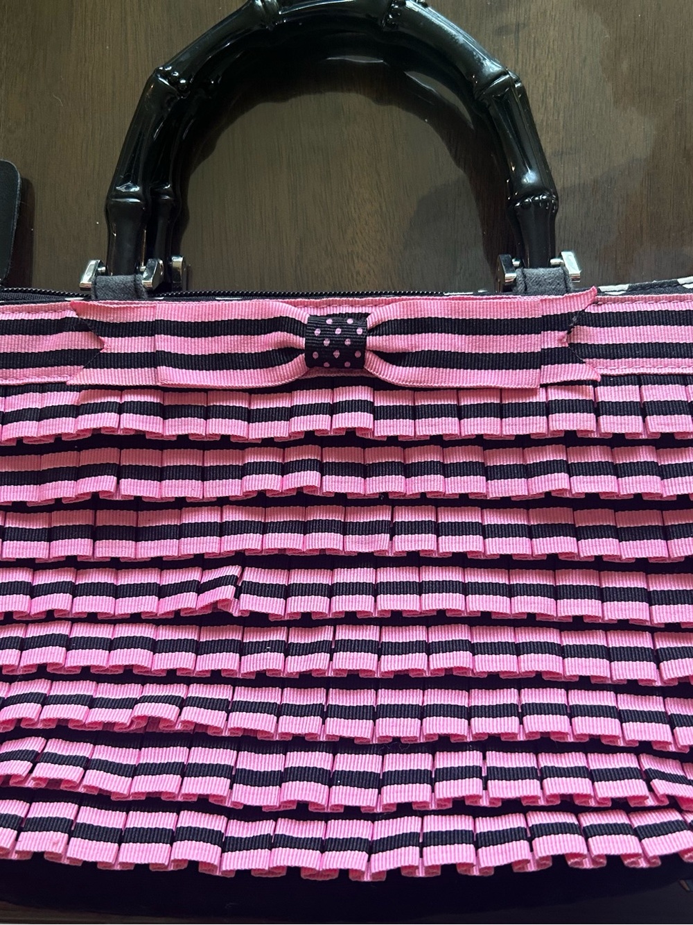 Marciano Pink and Black Striped Ruffle Tote with Bow Accent